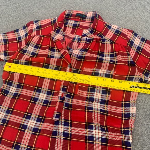 Cals Red Plaid Long Half Button Shirt Oversized Lightweight Top Small Semi-Sheer - Picture 8 of 12